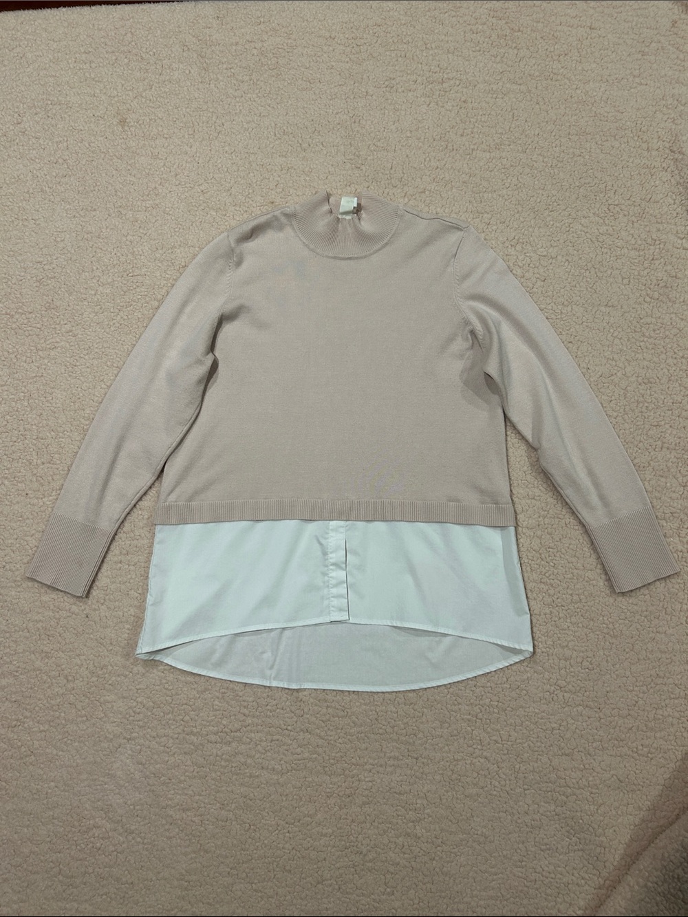 Chico's Peach Mock-Neck Layered-Look Sweater with White Shirt Hem